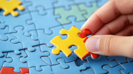 Fototapeta premium Solving a Jigsaw Puzzle, A Close-Up View of Hand Placing a Yellow Piece