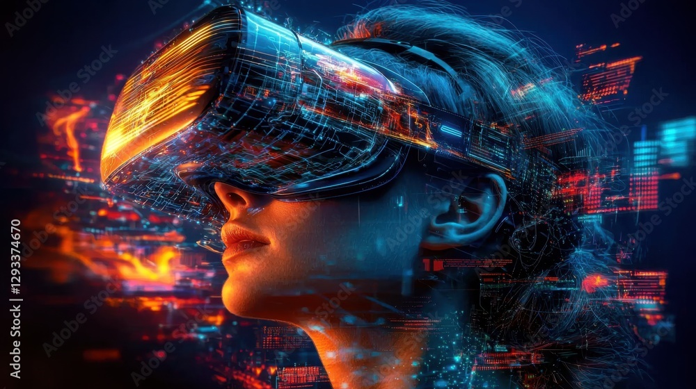 Poster futuristic immersive virtual reality simulation with glowing cyberspace visualization and digital da