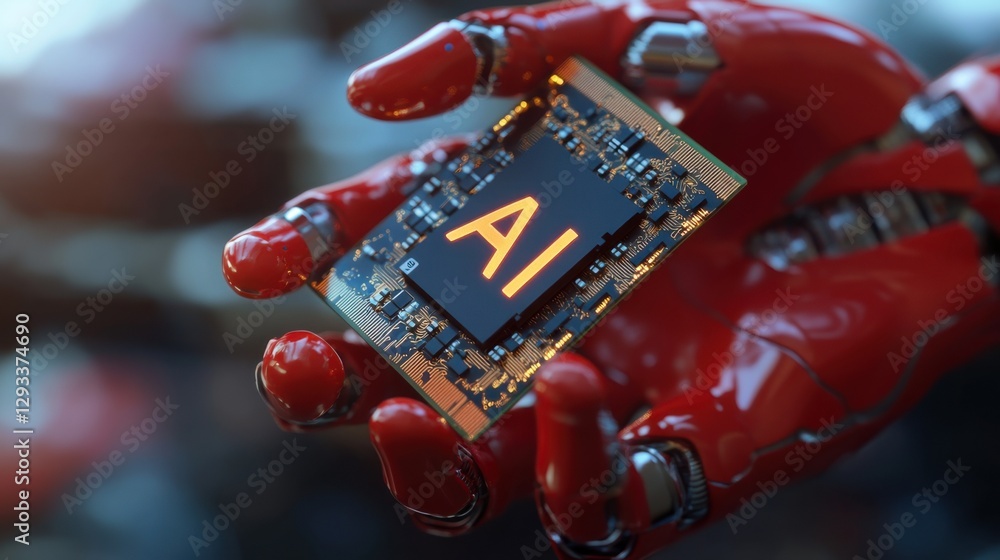 Poster advanced robotics holding an artificial intelligence microchip during a technology showcase in a mod