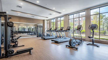 Fototapeta premium Gym interior with cardio and strength training equipment in front of large window. Cartoon vector sport club with treadmill, exercise bike, benches and dumbbells for healthcare and active lifestyle.