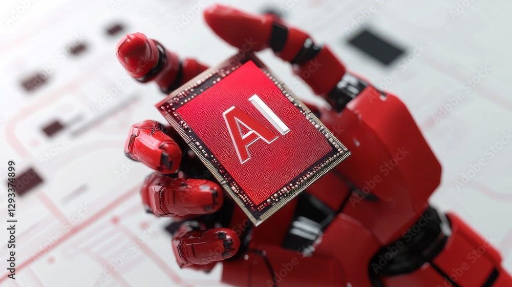 Poster innovative robotic hand holds advanced ai chip against a high-tech background showcasing future tech