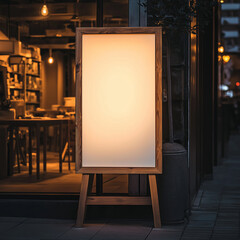 夜のカフェを彩る、木製イーゼル看板