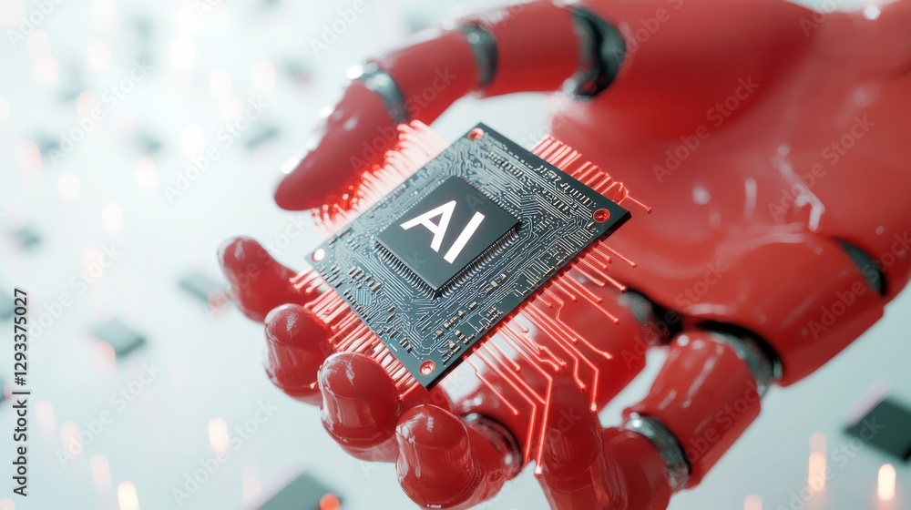 Poster robotic hand holds ai processor showcasing advanced technology in artificial intelligence