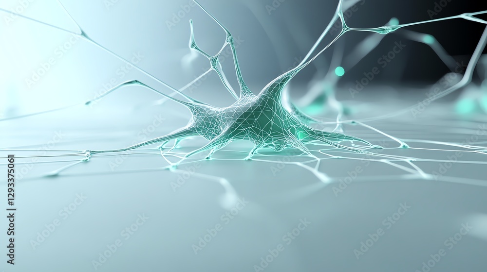 Poster abstract representation of a neuron network connection in a soft, teal hue on a light background.