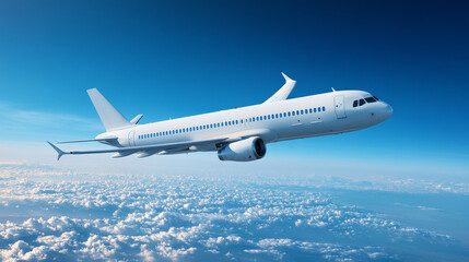 Fototapeta premium 3d white airplane flying on blue sky landscape background with cloud, vector illustration, Realistic banner with blank passenger jet flight, side view, aviation concept or vacation trip ads mockup