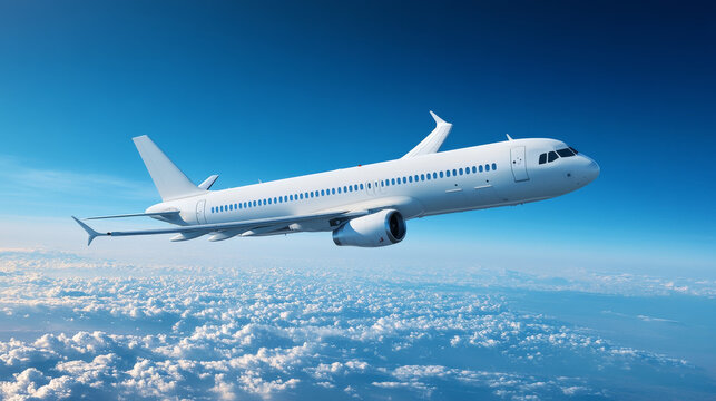 3d white airplane flying on blue sky landscape background with cloud, vector illustration, Realistic banner with blank passenger jet flight, side view, aviation concept or vacation trip ads mockup