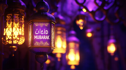 Eid Mubarak Festive Lanterns Glowing Warm Lights Purple Background Night Celebration Holiday Decorations Islamic Culture Ramadan Kareem Traditional Design Elegant Ornament Beautiful Illumination      