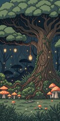 Enchanting Night Forest Scene with Giant Tree Lanterns and Mushrooms