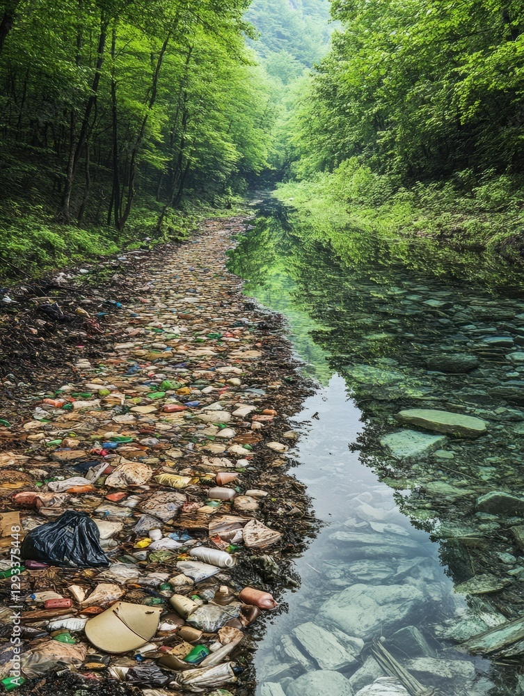 Poster comparison of a polluted river filled with trash and a clear water stream highlighting environmental
