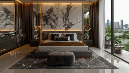 Fototapeta premium Elegant bedroom with modern decor, marble walls, and city view