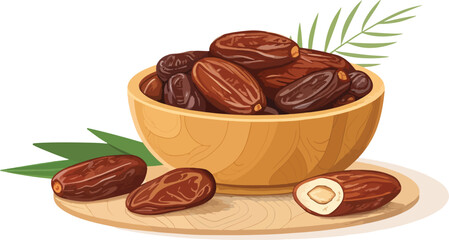 Dates Illustration vector design, Dates in wooden bowl on table in white background Illustration vector design