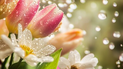 Obraz premium A stunning close-up of vibrant tulips covered in raindrops, illuminated by soft natural light. The background is slightly blurred, focusing on the intricate details of the petals and water droplets. 