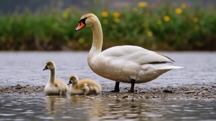 Swan family standing near the shore of a lake