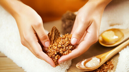 Close-up of hands holding a natural brown sugar body scrub, ready for exfoliation. Wooden spoons with honey and essential oils enhance the scene, creating a warm and inviting spa experience. 