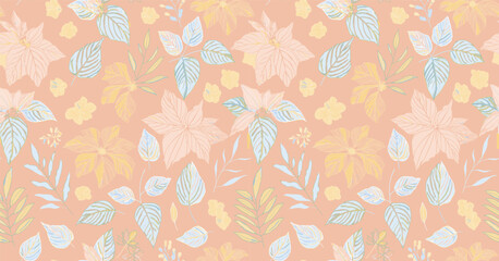 Handcrafted soft peach background with pattern of stylized leaves and floral elements in muted pastel colors, for gift wrap and wallpaper