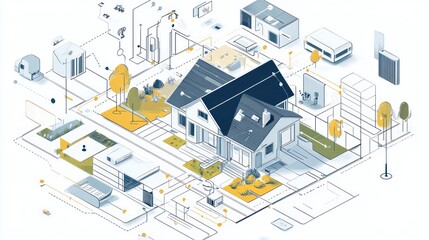 Obraz premium Smart Home Neighborhood Connected Houses, Urban Landscape