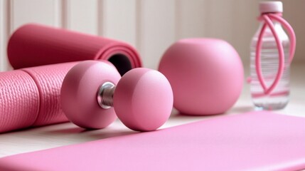 Flat lay of yoga essentials, top-view minimalist workout gear arrangement.
