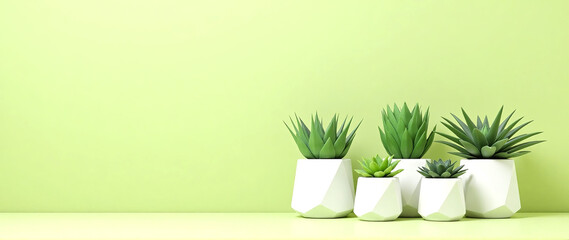 Bright green succulents in modern geometric pots, interior decor on a light olive background