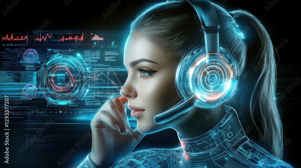 Aufkleber futuristic cyborg woman with virtual reality headset and holographic data display interface concept 