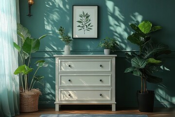 Stylish interior featuring a cream dresser, plants, and vibrant wall decor in a cozy living space