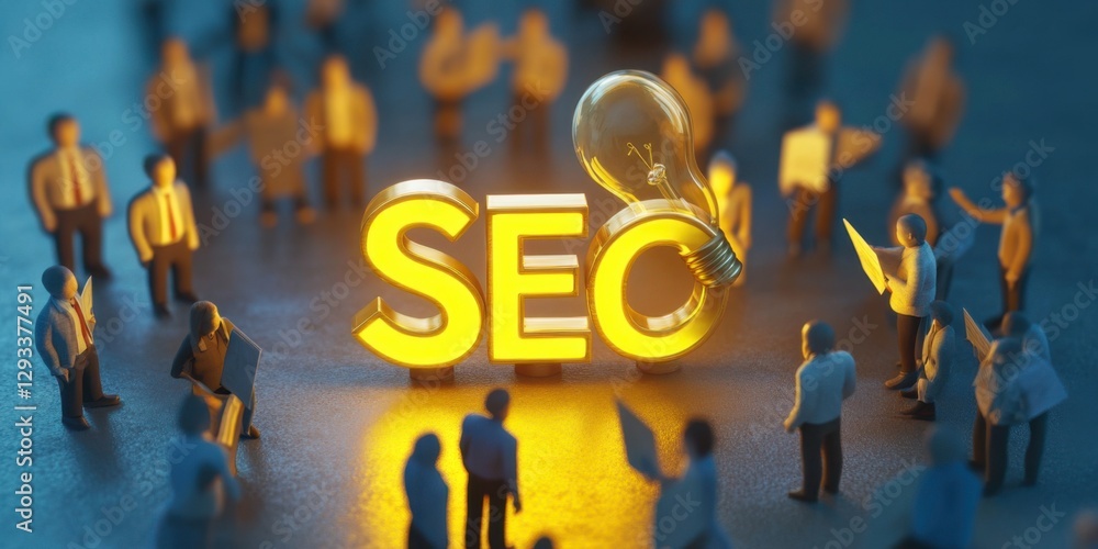Poster group of business figures discussing strategies around glowing seo letter with light bulb in a creat