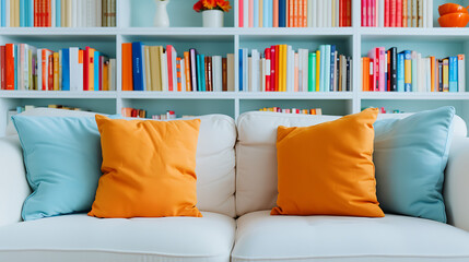 Cozy Living Room with Colorful Books and Pillows