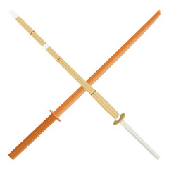 Two crossed wooden training swords bokken, katana. Traditional Japanese weapon isolated on white background. Vector