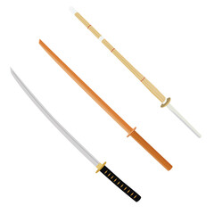 Naklejka premium Traditional Japanese weapon set - katana sword, wooden training katana and bokken isolated on white background. Vector