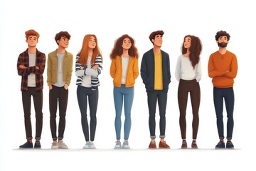 Fototapeta premium Diverse group of young adults standing together showcasing modern fashion and varied expressions in a creative art style