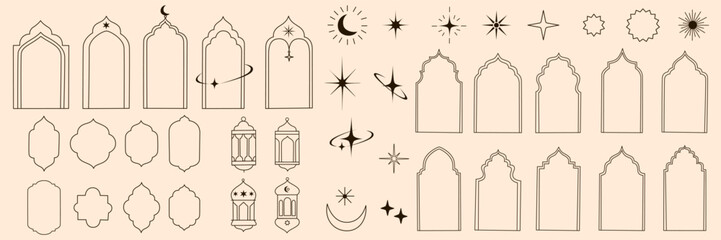 Islamic window frame shapes with star and moon elements set. Ramadan Kareem and Eid Mubarak. Arabian architecture, arches, door, stars and moon, mosque doors, mosque domes and lanterns.
