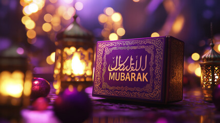 Elegant Purple Mubarak Gift Box Festive Lights Arabian Nights Decor Ramadan Celebration Islamic Culture Holiday Wishes Special Occasion Golden Design Luxury Box Festive Atmosphere Warm Lighting Rich  