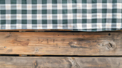 Wooden surface of picnic table with gingham tablecloth top view. Vector banner with wood texture of tabletop or counter with cloth with white and red plaid pattern