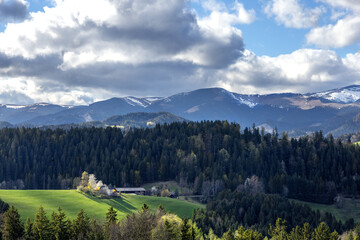 Fototapeta premium There is a manor house in the middle of a green field on a hillside. The Austrian Alps