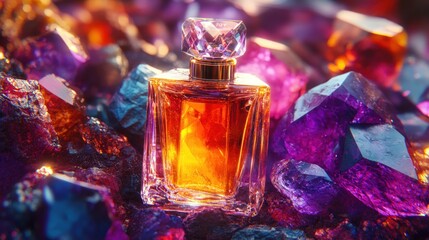 Luxurious perfume amidst vibrant gemstones, advertising backdrop