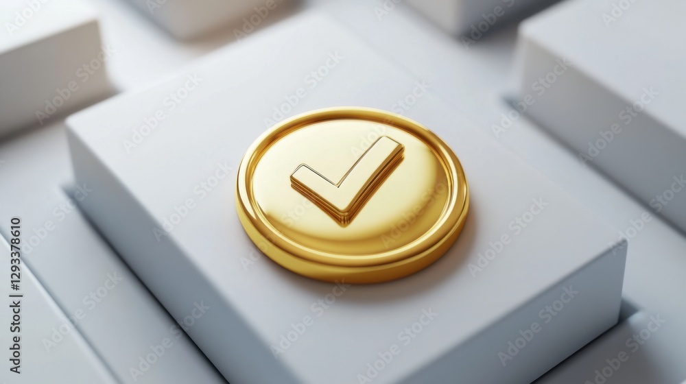 Poster golden checkmark symbol on a white keyboard, representing approval and confirmation in digital commu