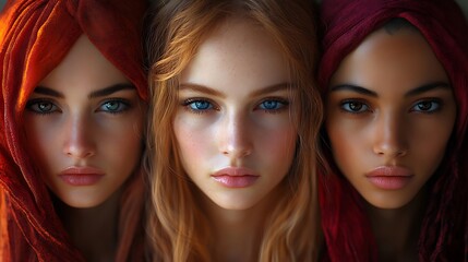 Women with Red Blonde and Pink Hairstyles Against Dark Background