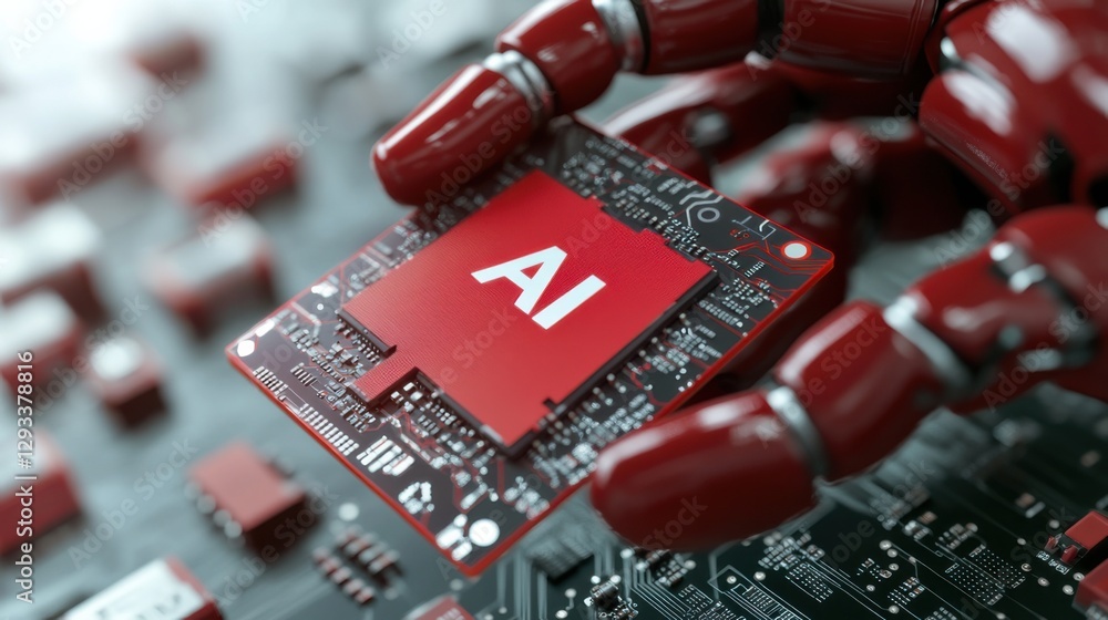 Aufkleber robotic hand grasping ai chip positioned on circuit board showcasing technological advancement in ar