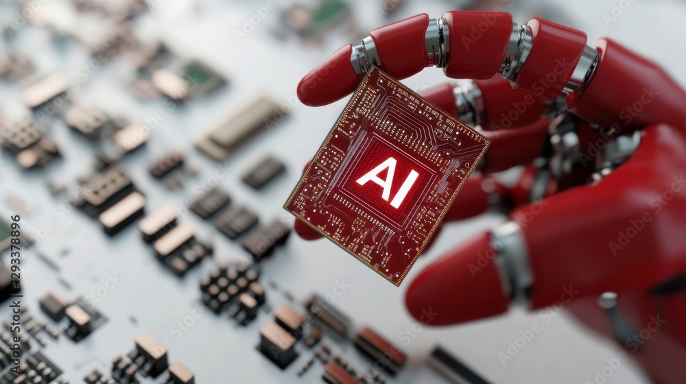 Aufkleber robotic hand holds advanced ai chip in high-tech environment with electronic components