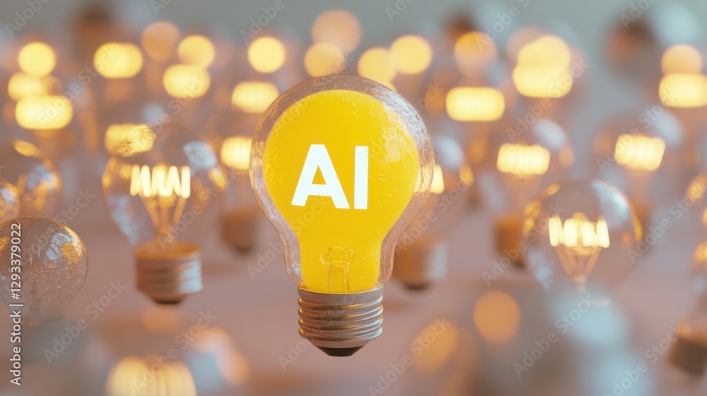 Poster light bulb illuminated with ai text among many other glowing bulbs in a creative display