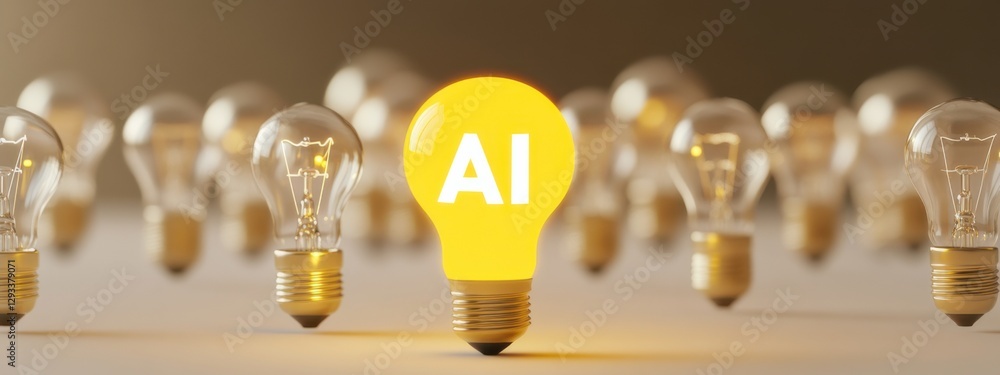 Aufkleber unique light bulb illuminated with the letters ai surrounded by dim light bulbs on a smooth surface