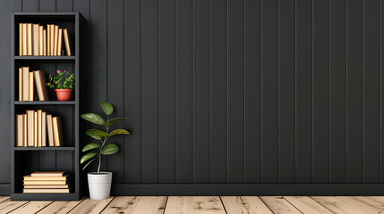Dark Wood Panelled Room with Bookshelf and Plants