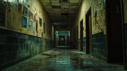 Fototapeta premium Abandoned school hallway interior, night corridor