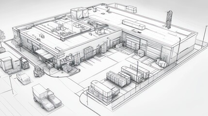 Obraz premium Warehouse distribution center blueprint; trucks loading; urban background; architectural design