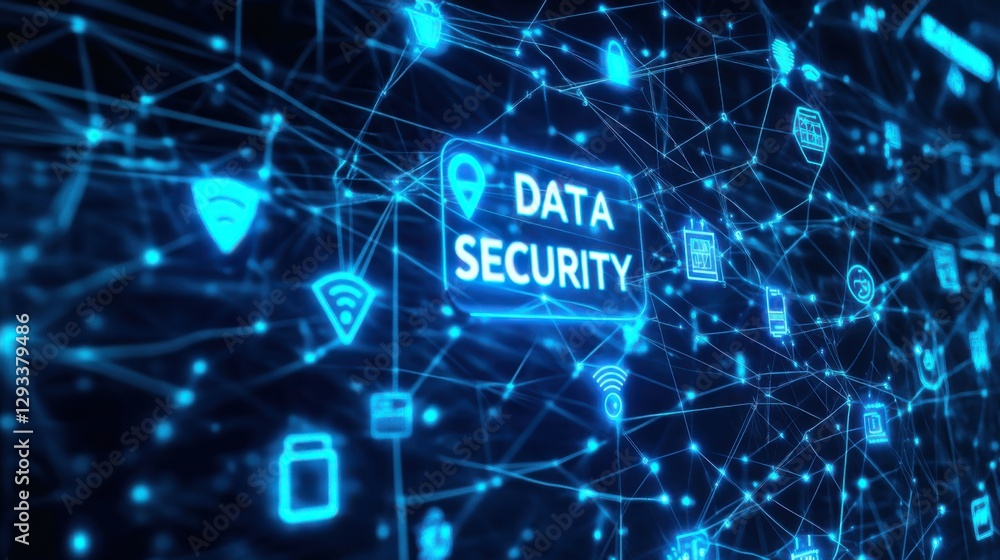 Poster data security concept showcasing interconnected digital technologies and networks in a blue color sc