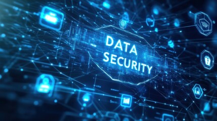 Fototapeta premium Exploring the concepts of data security with interconnected digital symbols and abstract technology elements in a blue color scheme