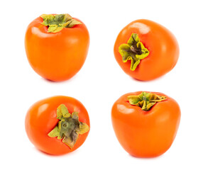 Persimmon isolated on white background. Persimmon fruit. Slice of ripe, juicy, sweet persimmon fruit. Vegan. Fruit garden. Close-up.