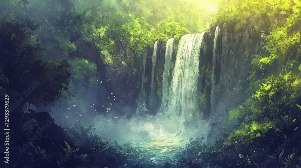 Poster serene waterfall cascading through lush green forest with soft light filtering through the trees