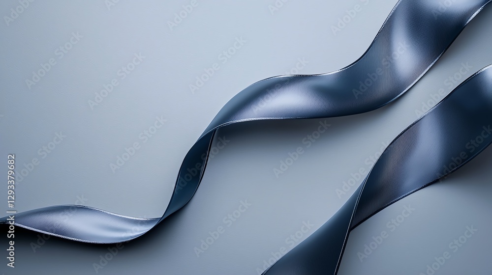 Poster blue ribbon gracefully curved on a smooth grey surface, creating a minimalistic and elegant abstract