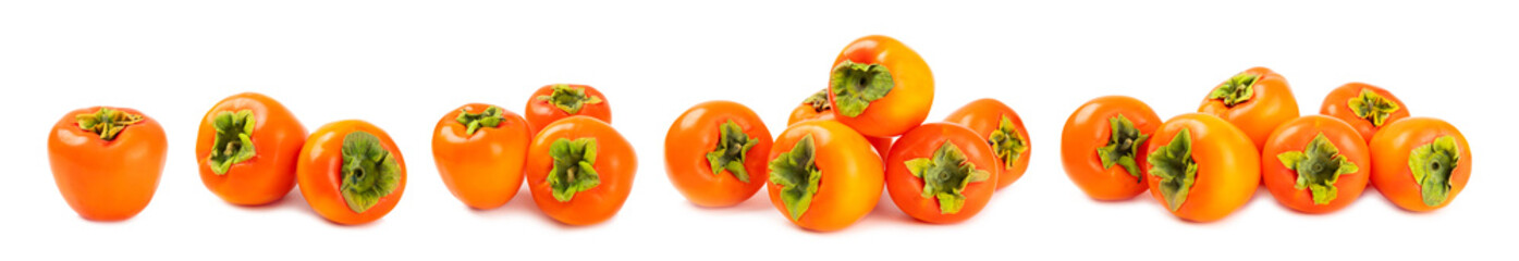 Persimmon isolated on white background. Persimmon fruit. Slice of ripe, juicy, sweet persimmon fruit. Vegan. Fruit garden. Close-up.