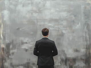 Obraz premium Rear view of a businessman standing against a textured gray wall.